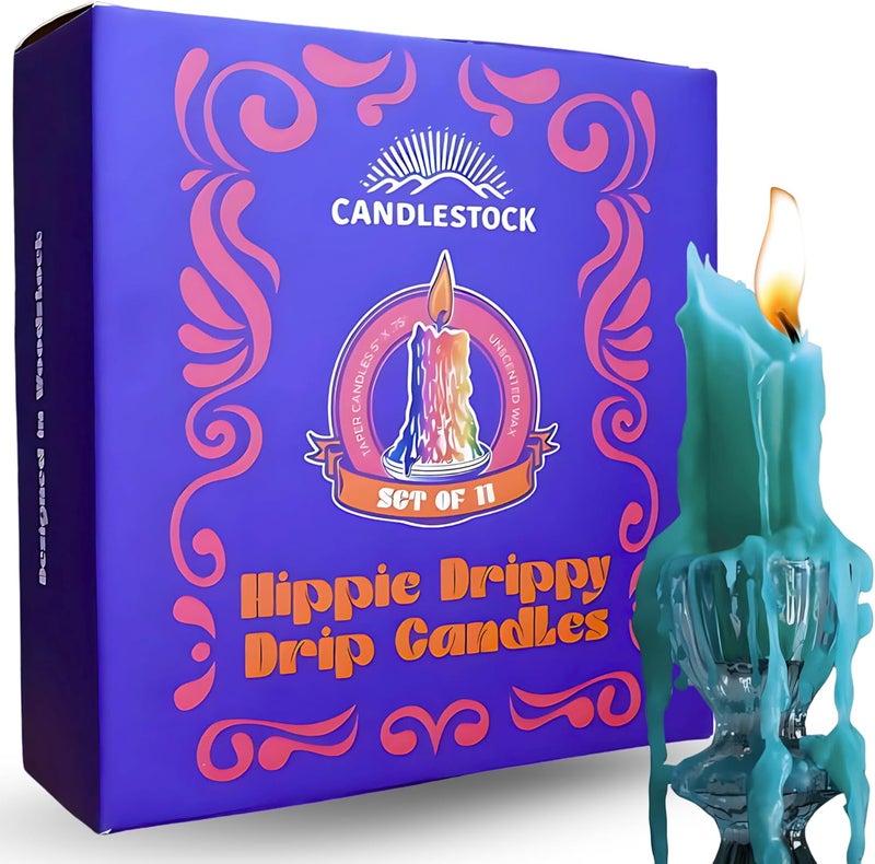 Candlestock Hippie Drippy Drip Candles - Pack of 11 Dripping Taper Candles - Wine Bottle Melting Candles (Turquoise) - Image 1